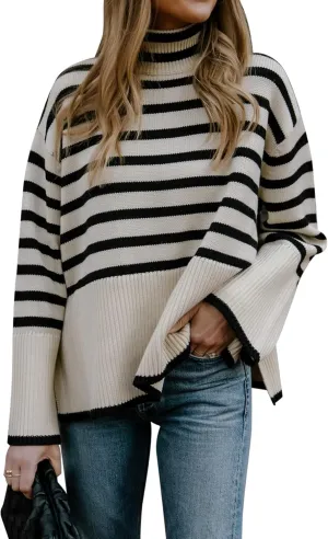 Women's Pullover Sweaters Turtleneck Long Sleeve Striped Side Slit Casual Loose fit Ribbed Knit Jumper Tops
