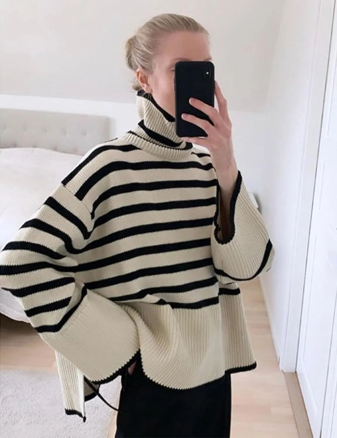 Women's Pullover Sweaters Turtleneck Long Sleeve Striped Side Slit Casual Loose fit Ribbed Knit Jumper Tops