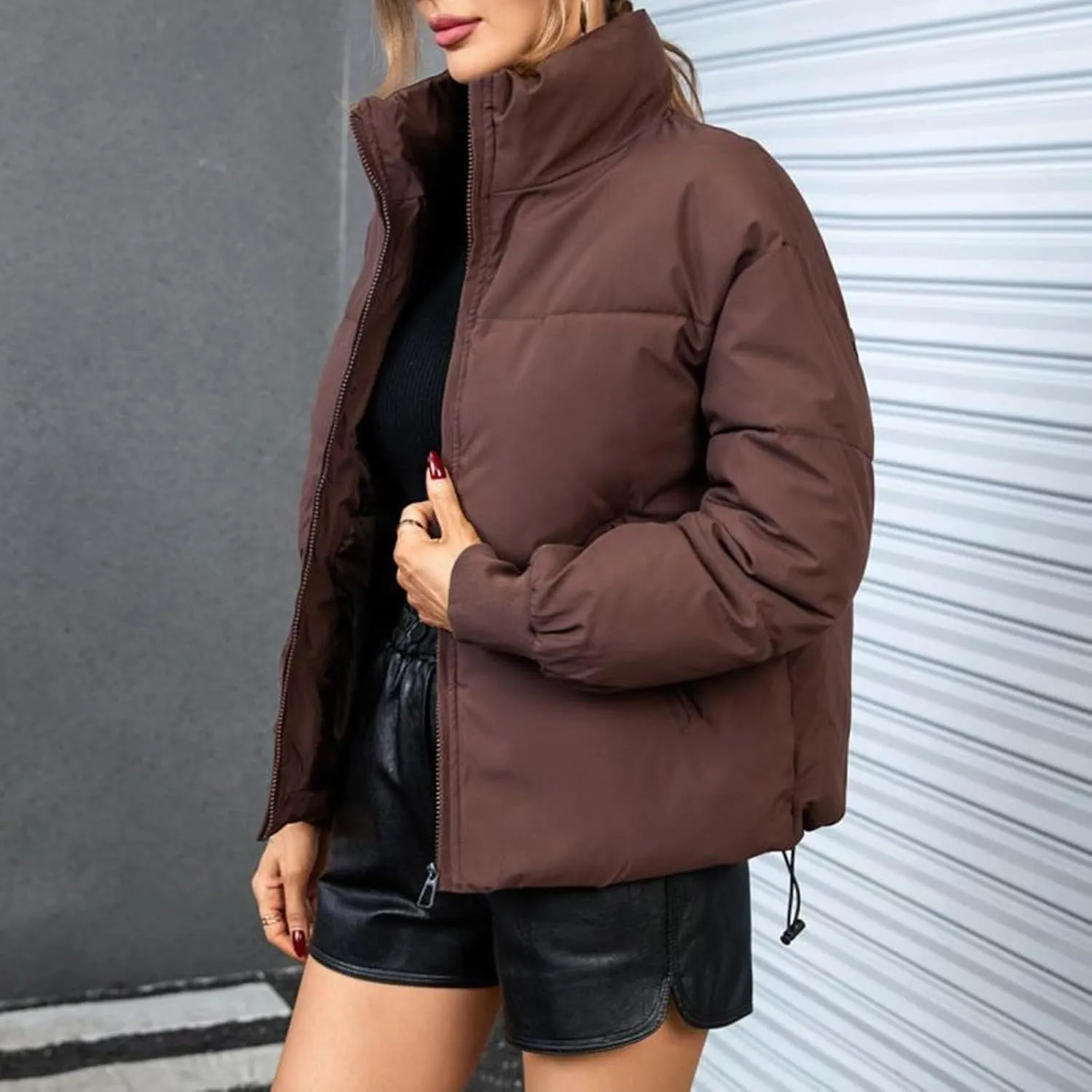 Womens Quilted Jackets Full Zip Jacket Coats Padded Down Coats Warm Cropped Solid Casual Puffer Coat Outwear