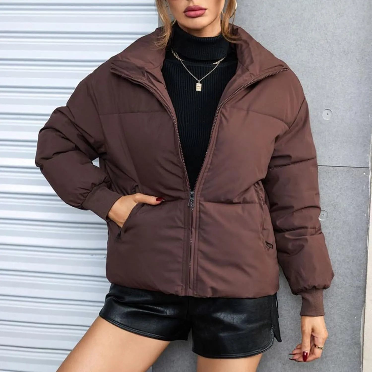 Womens Quilted Jackets Full Zip Jacket Coats Padded Down Coats Warm Cropped Solid Casual Puffer Coat Outwear
