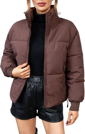 Womens Quilted Jackets Full Zip Jacket Coats Padded Down Coats Warm Cropped Solid Casual Puffer Coat Outwear