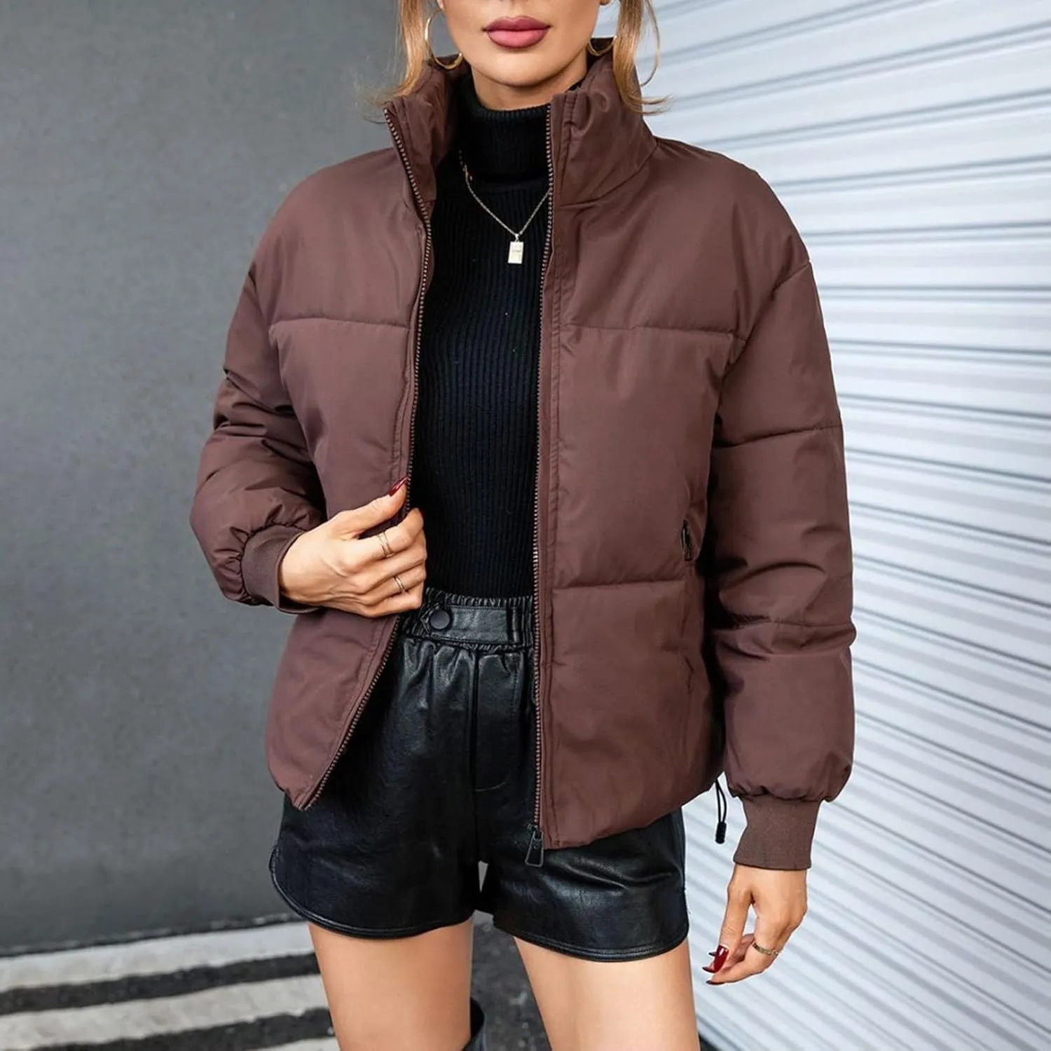 Womens Quilted Jackets Full Zip Jacket Coats Padded Down Coats Warm Cropped Solid Casual Puffer Coat Outwear