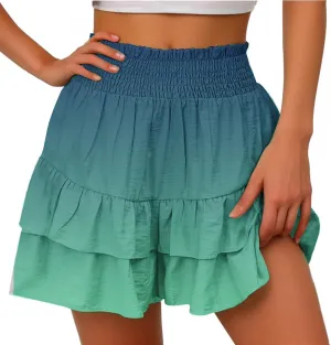 Womens Ruffle Short Skirt 2025 Summer Stretchy Smock Waist Gradient Leisure Skirt Park Workout Casual Yoga Sportswear