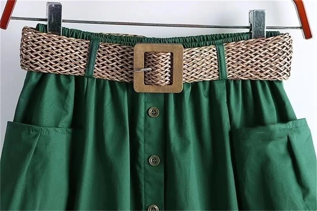 Women's Spring Autumn Skirt Solid Pockets Elasticity High Waist Belt A-Line Fashion Big Swing Skirts