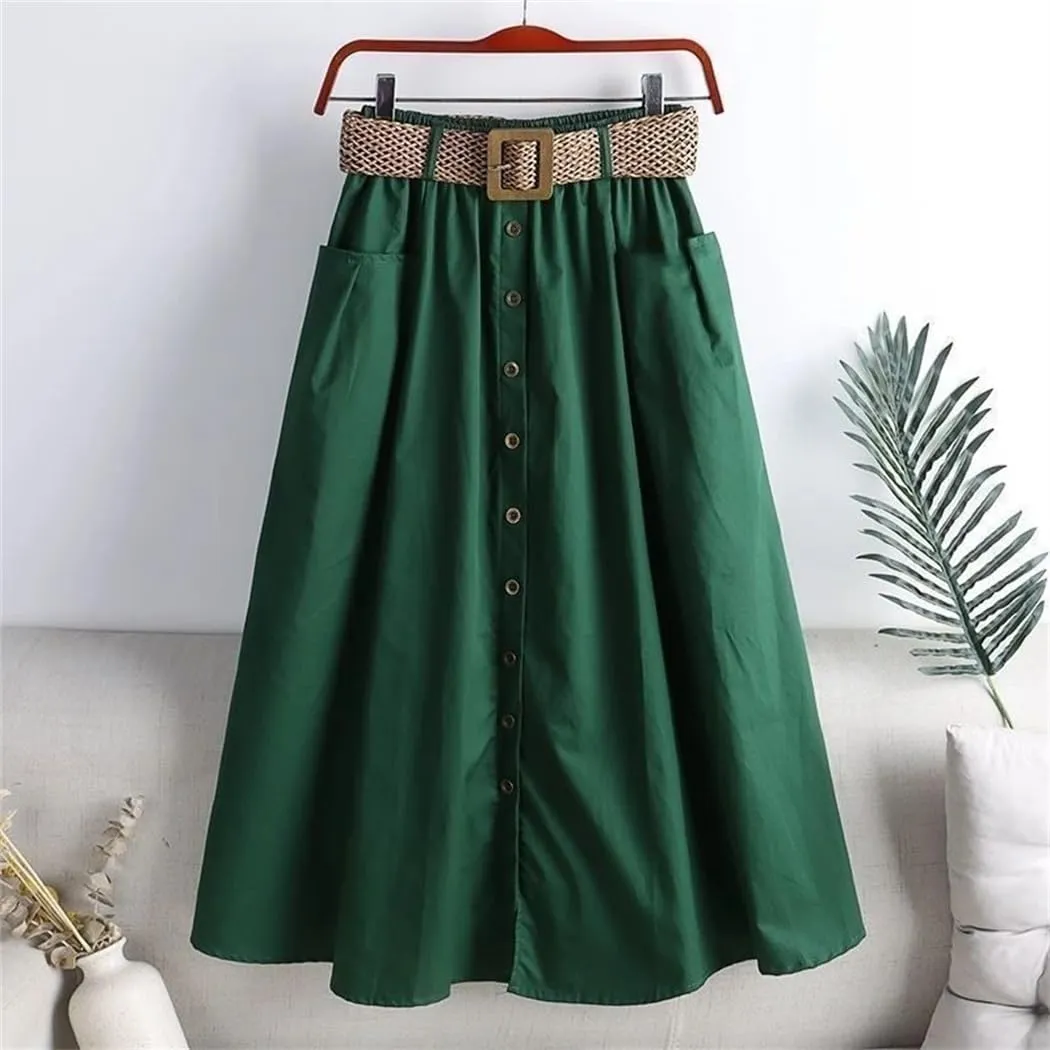 Women's Spring Autumn Skirt Solid Pockets Elasticity High Waist Belt A-Line Fashion Big Swing Skirts