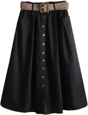 Women's Spring Autumn Skirt Solid Pockets Elasticity High Waist Belt A-Line Fashion Big Swing Skirts