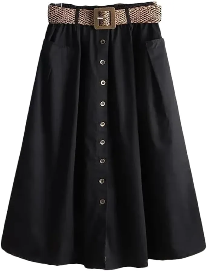 Women's Spring Autumn Skirt Solid Pockets Elasticity High Waist Belt A-Line Fashion Big Swing Skirts