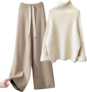 Women's Stylish Knit Sweater and Wide Leg Pants Set Casual Long Sleeve Crewneck Two Piece Set 2025 Summer Lounge Sets