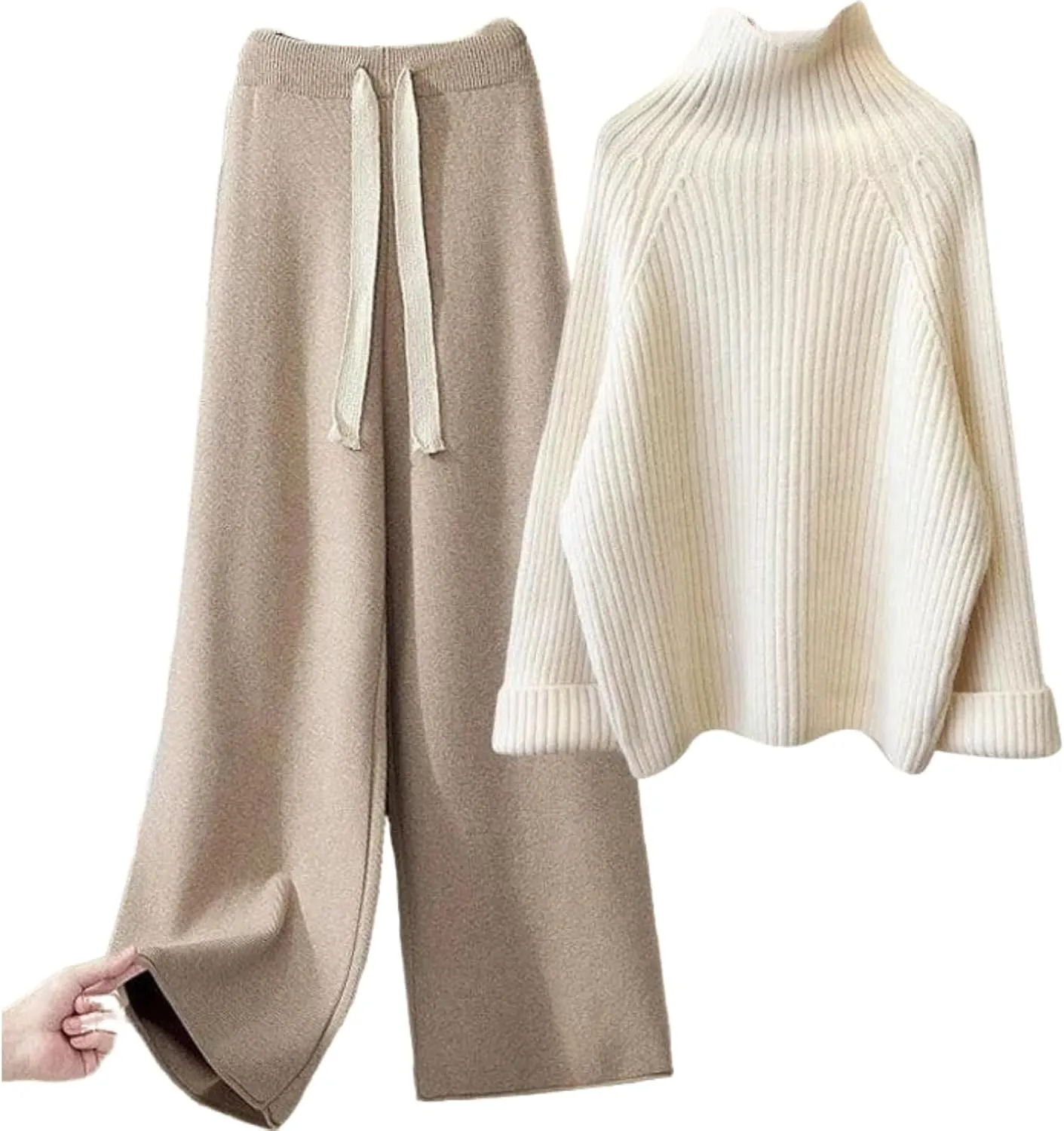 Women's Stylish Knit Sweater and Wide Leg Pants Set Casual Long Sleeve Crewneck Two Piece Set 2025 Summer Lounge Sets
