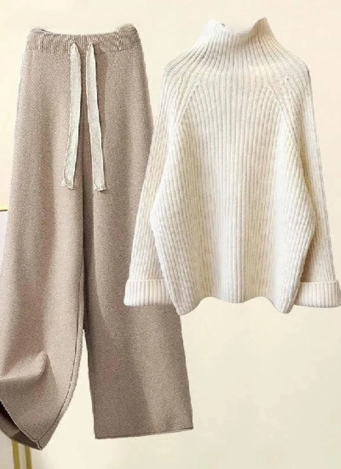 Women's Stylish Knit Sweater and Wide Leg Pants Set Casual Long Sleeve Crewneck Two Piece Set 2025 Summer Lounge Sets