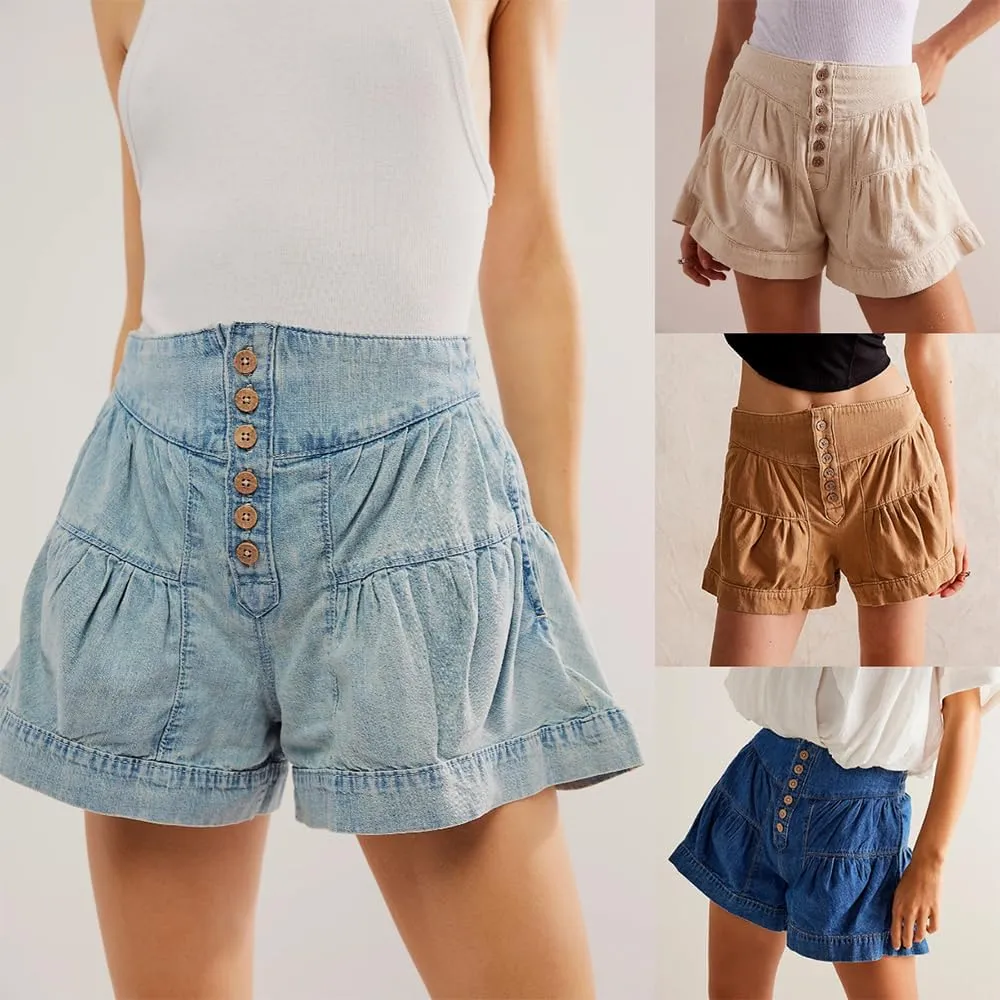 Womens Summer Casual Lightweight Denim Shorts High Waisted Baggy Stretch Pleated Jean Shorts with Pockets