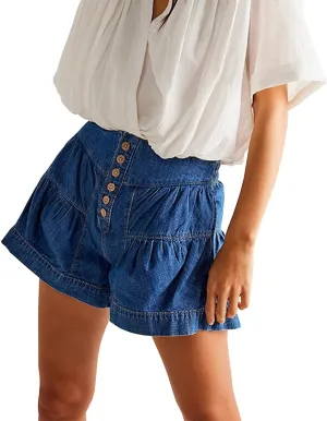 Womens Summer Casual Lightweight Denim Shorts High Waisted Baggy Stretch Pleated Jean Shorts with Pockets