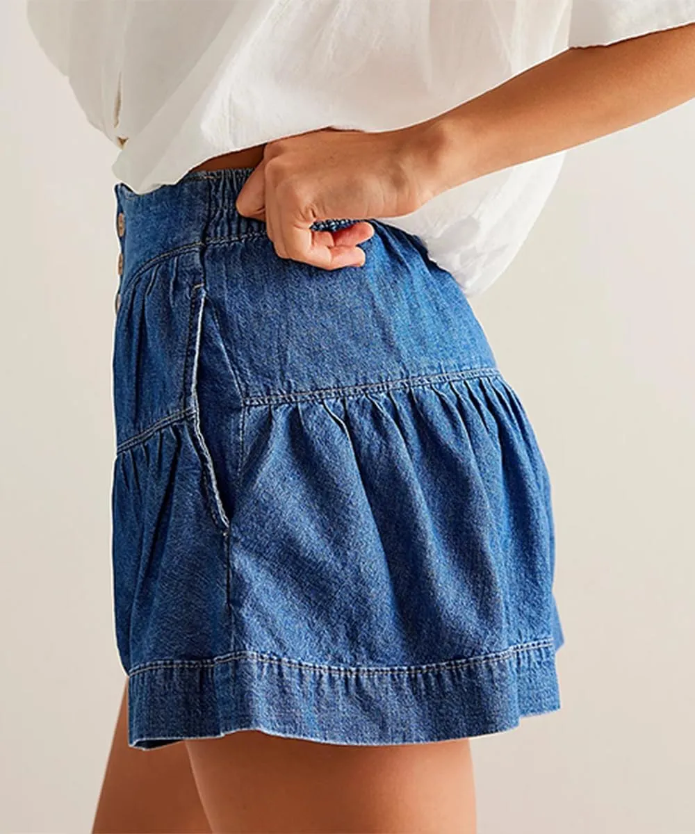 Womens Summer Casual Lightweight Denim Shorts High Waisted Baggy Stretch Pleated Jean Shorts with Pockets