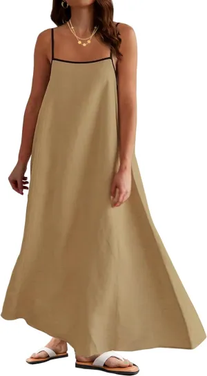 Womens Summer Maxi Dress 2025 Spaghetti Strap Dress Linen Sleeveless Backless Flowy Long Beach Dresses