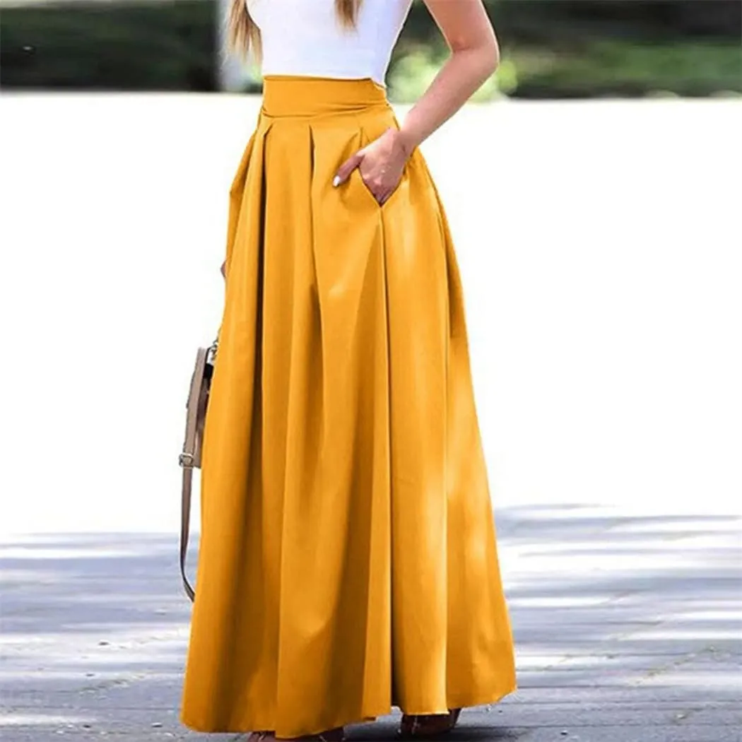 Women's Summer Solid Pleated Skirt Large Swing High Waist Floor Length Length Half with Pocket Skirts