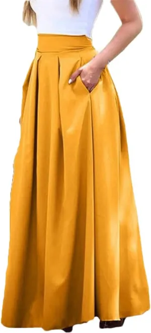 Women's Summer Solid Pleated Skirt Large Swing High Waist Floor Length Length Half with Pocket Skirts