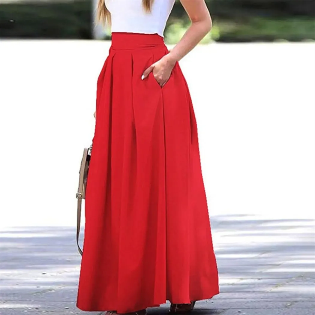 Women's Summer Solid Pleated Skirt Large Swing High Waist Floor Length Length Half with Pocket Skirts
