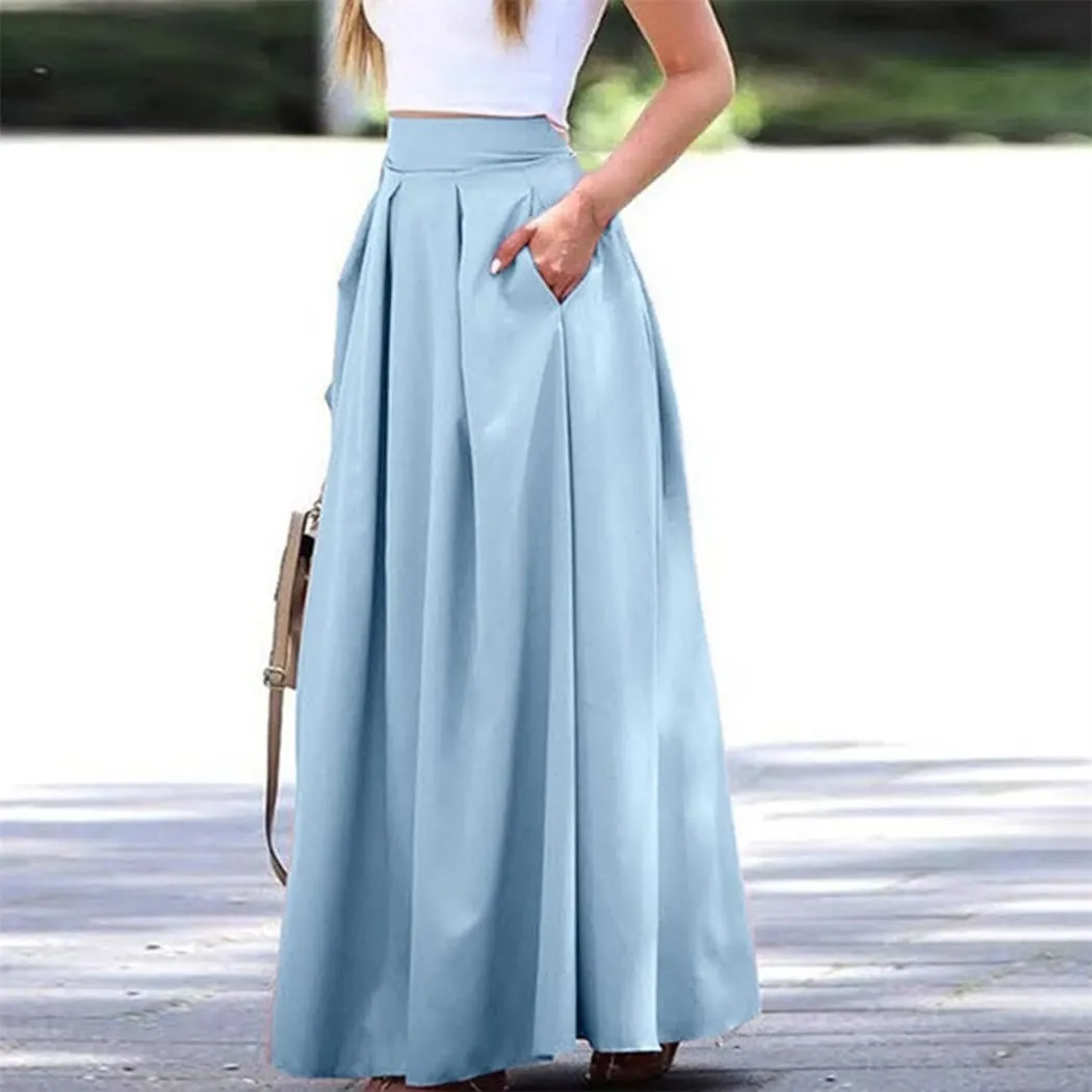 Women's Summer Solid Pleated Skirt Large Swing High Waist Floor Length Length Half with Pocket Skirts
