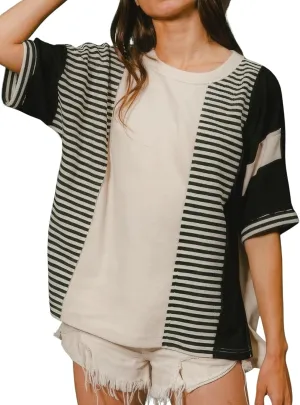 Womens Summer Striped T Shirts Casual Color Block Short Sleeve Tops Oversized Crew Neck Tees
