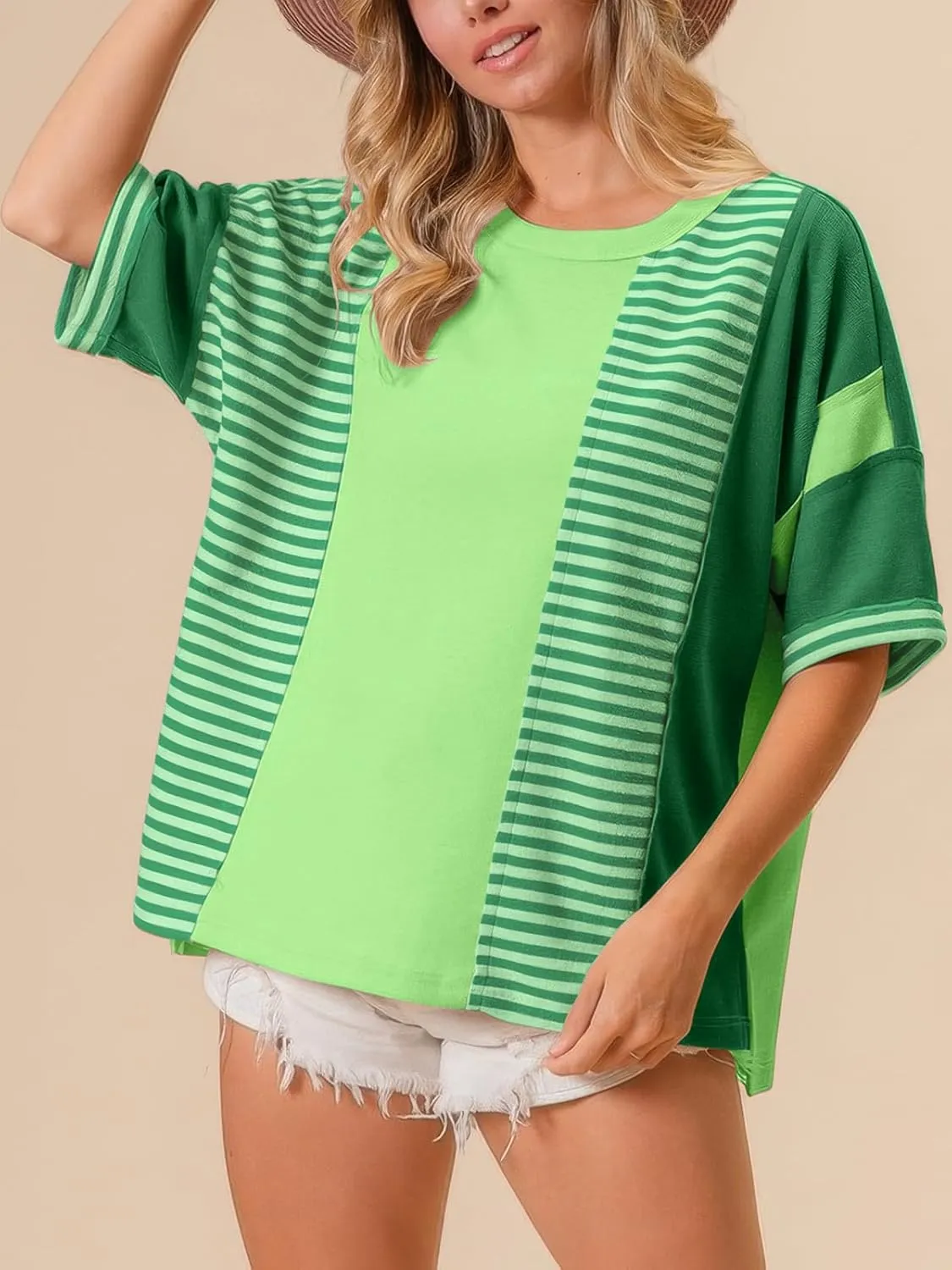 Womens Summer Striped T Shirts Casual Color Block Short Sleeve Tops Oversized Crew Neck Tees