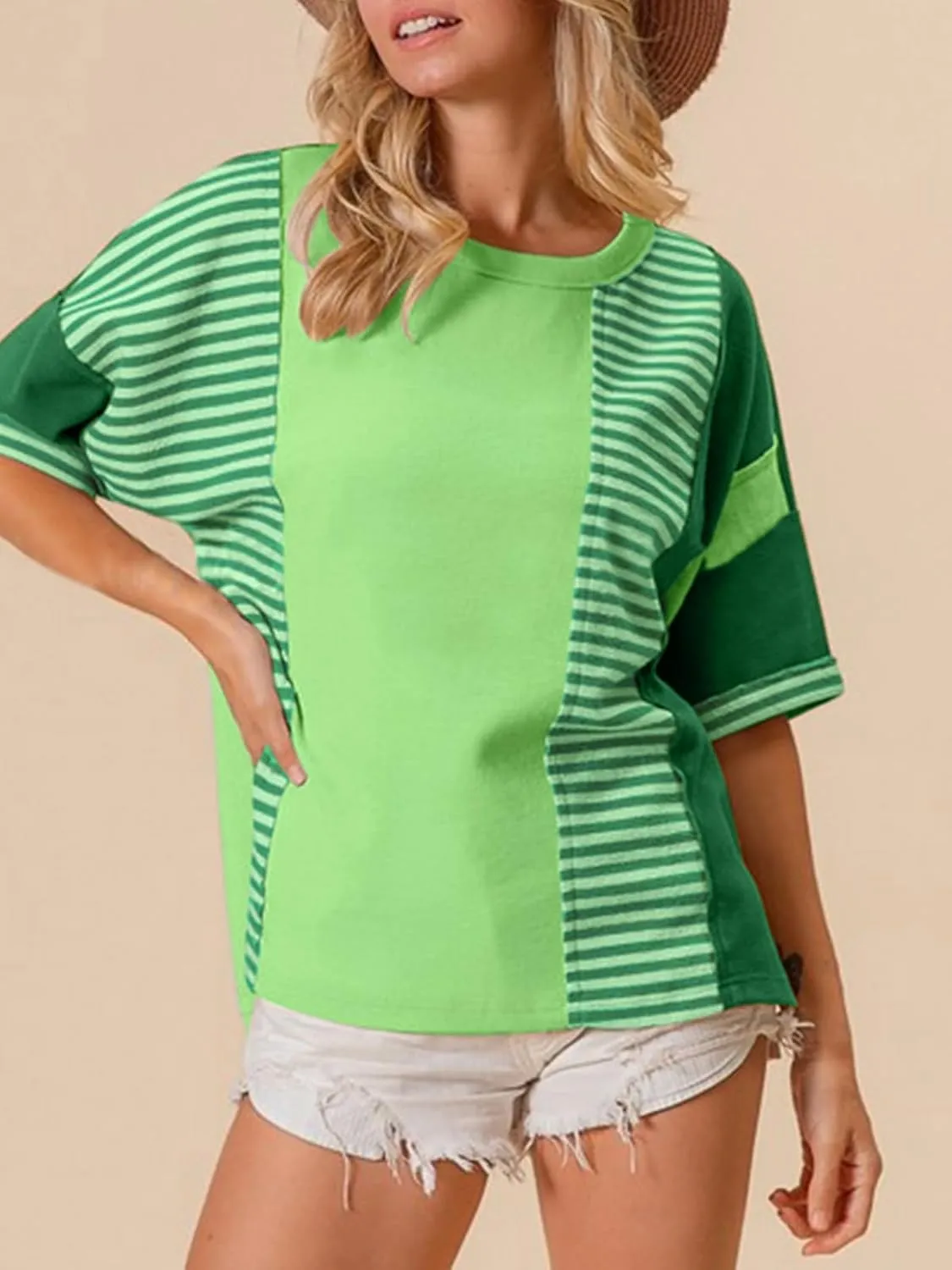Womens Summer Striped T Shirts Casual Color Block Short Sleeve Tops Oversized Crew Neck Tees