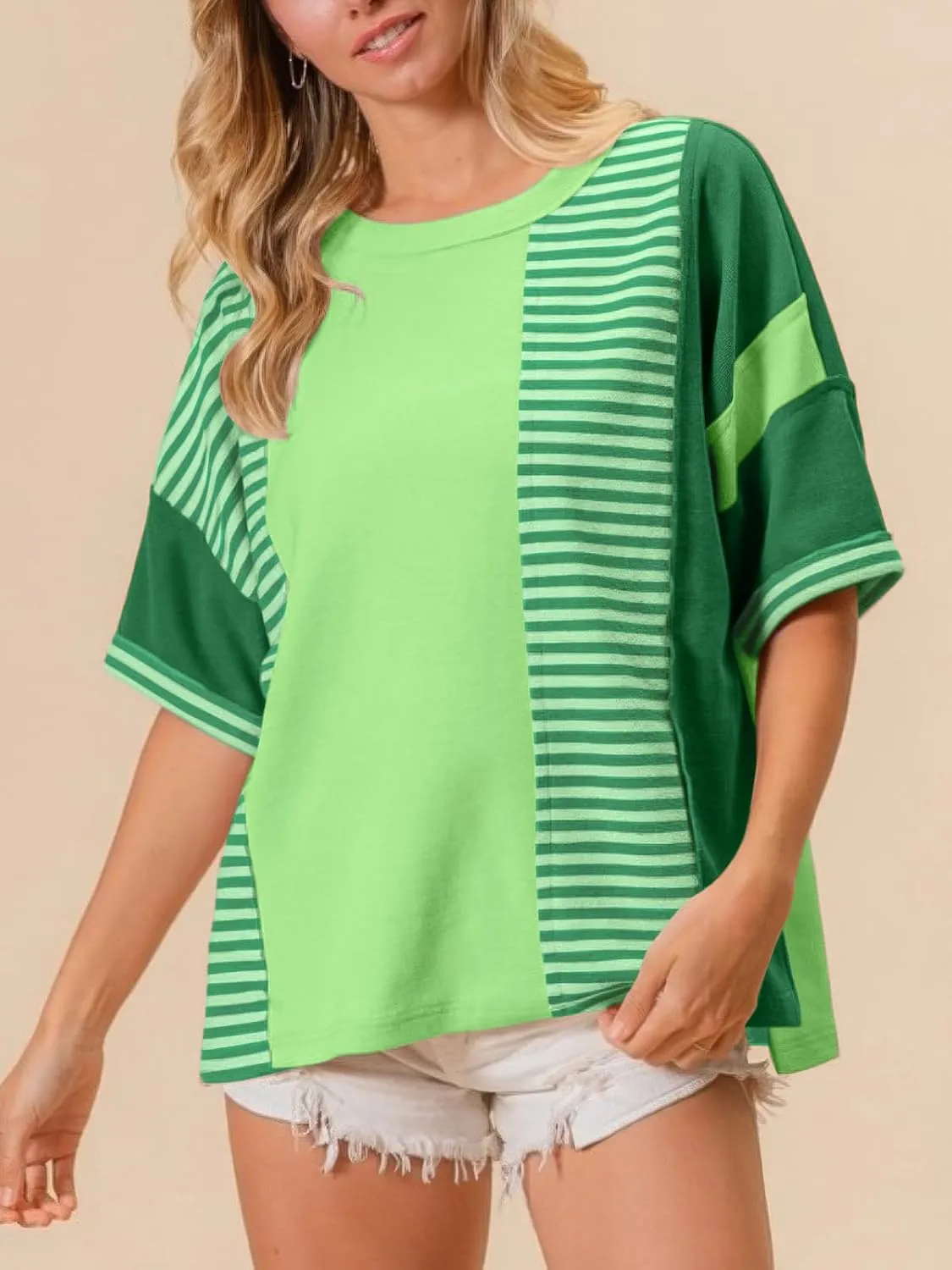 Womens Summer Striped T Shirts Casual Color Block Short Sleeve Tops Oversized Crew Neck Tees