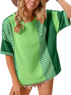 Womens Summer Striped T Shirts Casual Color Block Short Sleeve Tops Oversized Crew Neck Tees