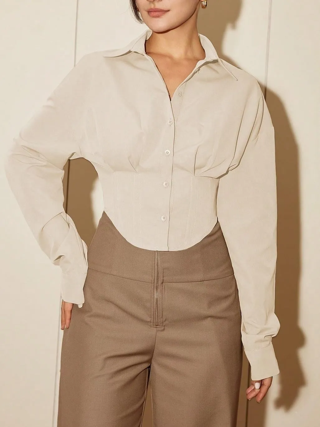 Womens Summer Work Blouse Women Long Sleeve Solid Color Waist Elegant Casual Shirt Blouse Tops