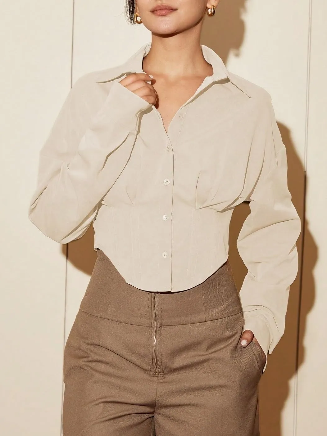 Womens Summer Work Blouse Women Long Sleeve Solid Color Waist Elegant Casual Shirt Blouse Tops