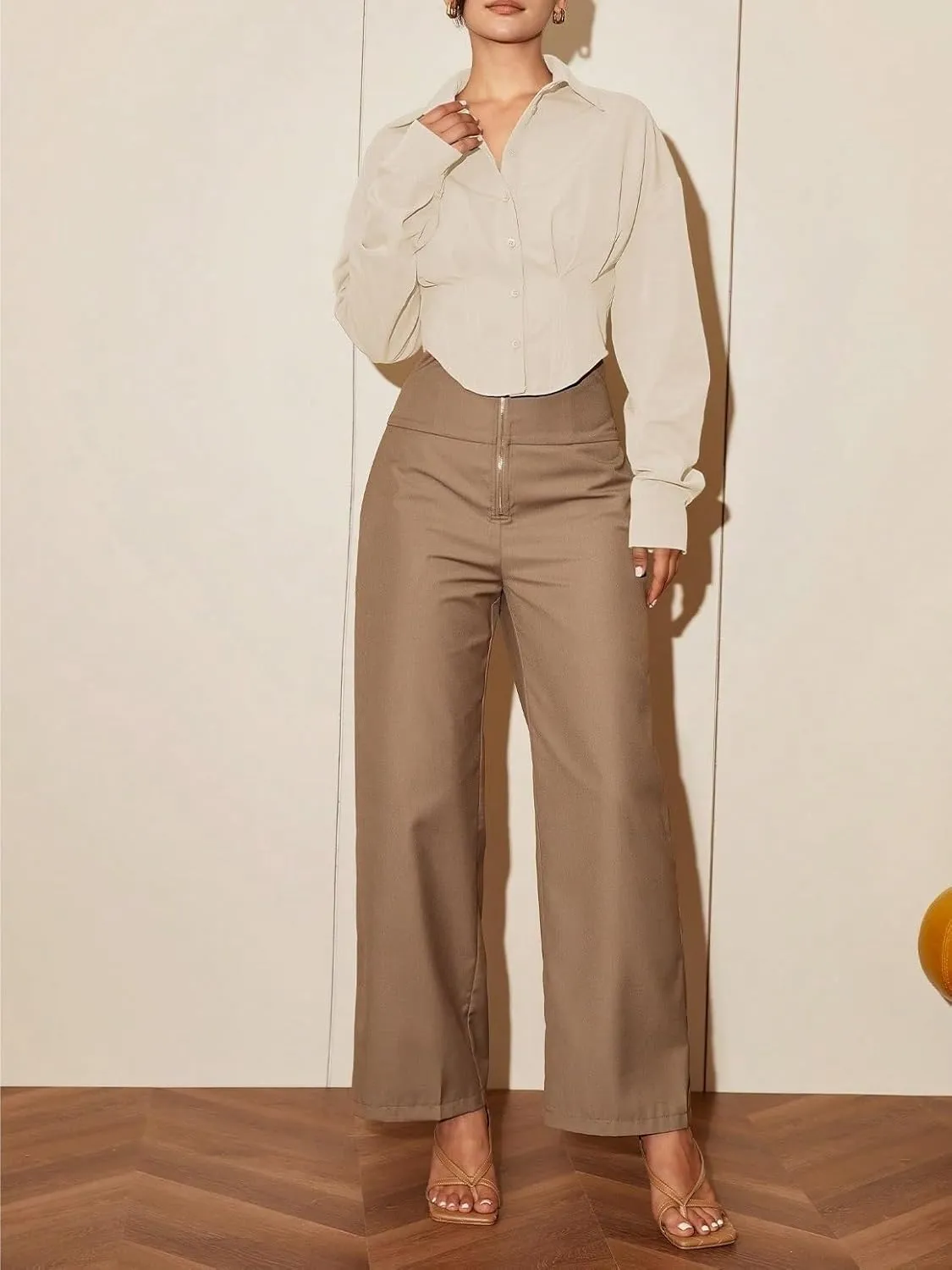 Womens Summer Work Blouse Women Long Sleeve Solid Color Waist Elegant Casual Shirt Blouse Tops