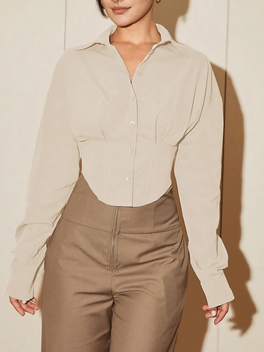 Womens Summer Work Blouse Women Long Sleeve Solid Color Waist Elegant Casual Shirt Blouse Tops