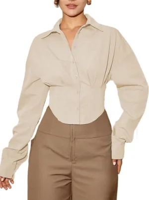 Womens Summer Work Blouse Women Long Sleeve Solid Color Waist Elegant Casual Shirt Blouse Tops