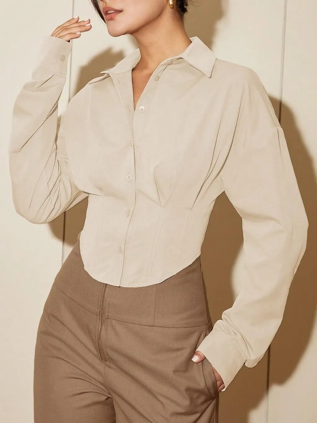 Womens Summer Work Blouse Women Long Sleeve Solid Color Waist Elegant Casual Shirt Blouse Tops