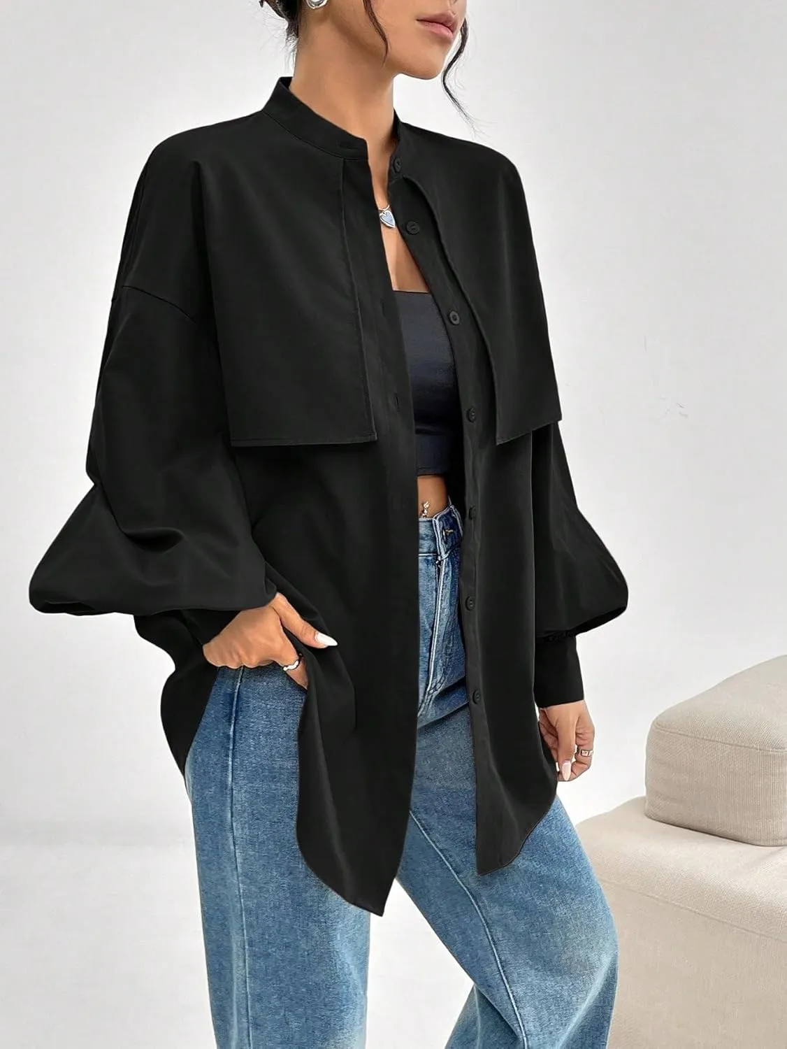 Womens Summer Work Blouse Women Solid Color Drop Shoulder Long Sleeve Casual Shirt Spring Tops