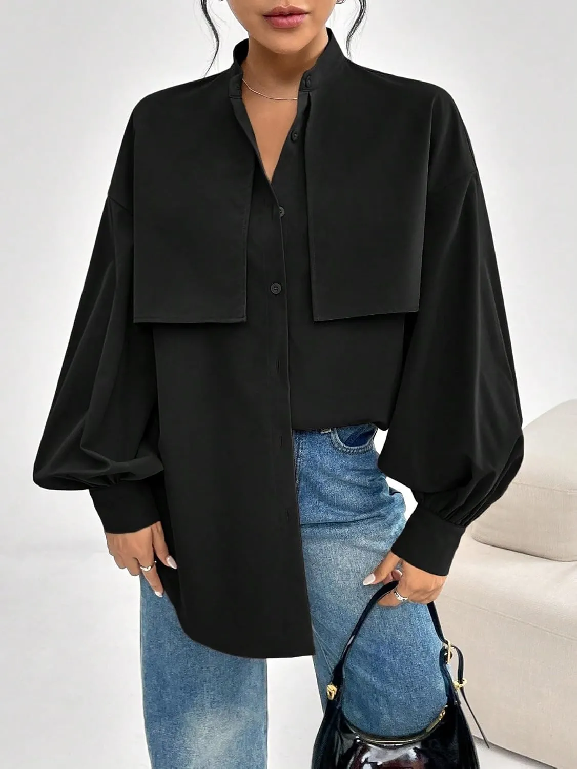 Womens Summer Work Blouse Women Solid Color Drop Shoulder Long Sleeve Casual Shirt Spring Tops
