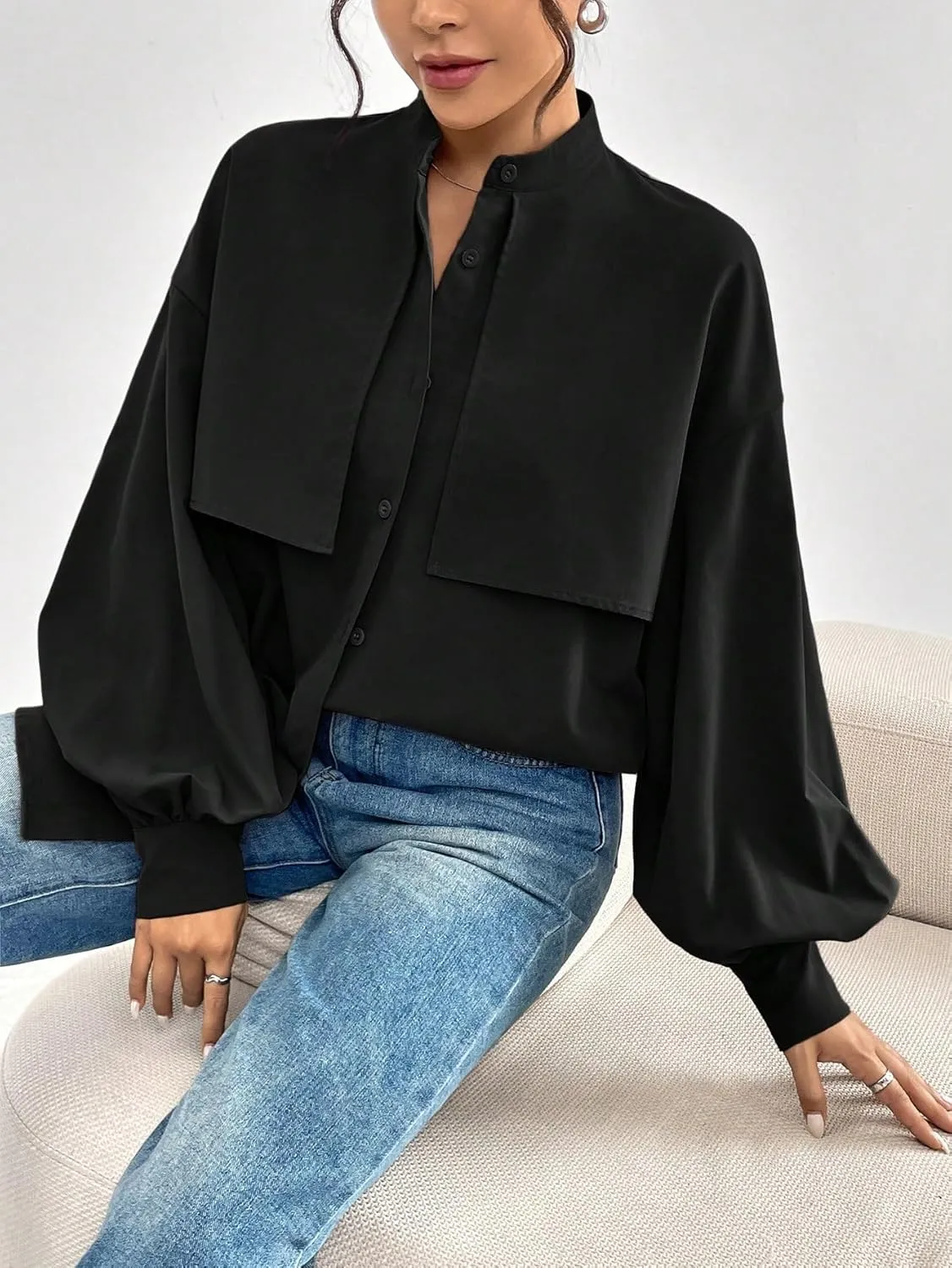 Womens Summer Work Blouse Women Solid Color Drop Shoulder Long Sleeve Casual Shirt Spring Tops