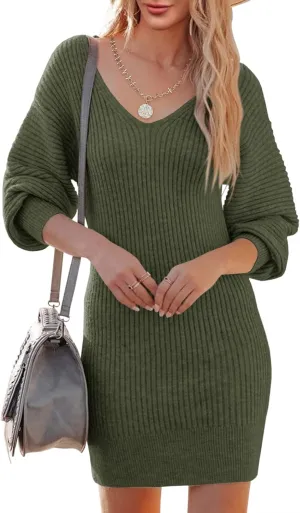 Womens Sweater Dress Long Sleeve V Neck Sexy Bodycon Mini Dress 2023 Spring Knit Cute Pullover Dresses