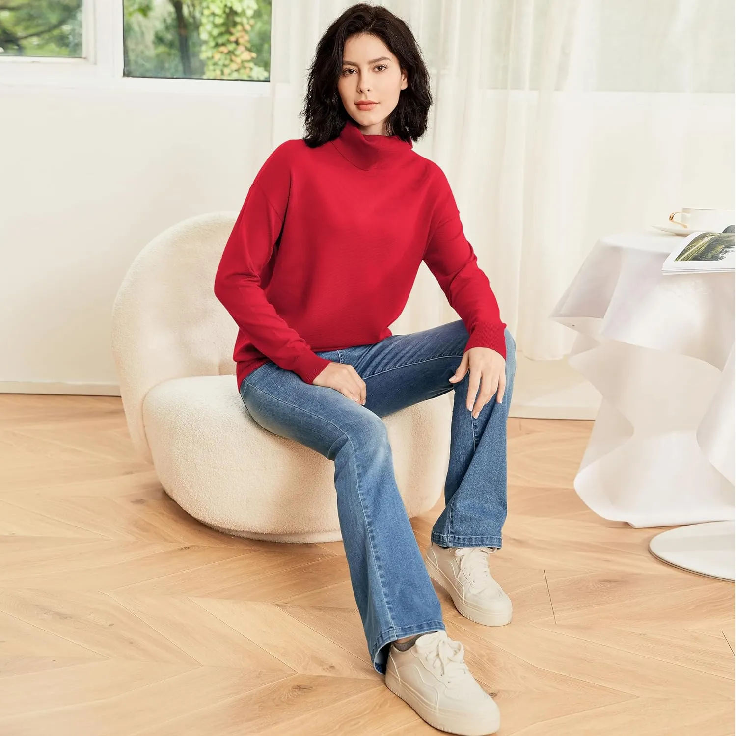 Women's Turtleneck Sweater Long Sleeve Lightweight Pullover Knit Tops