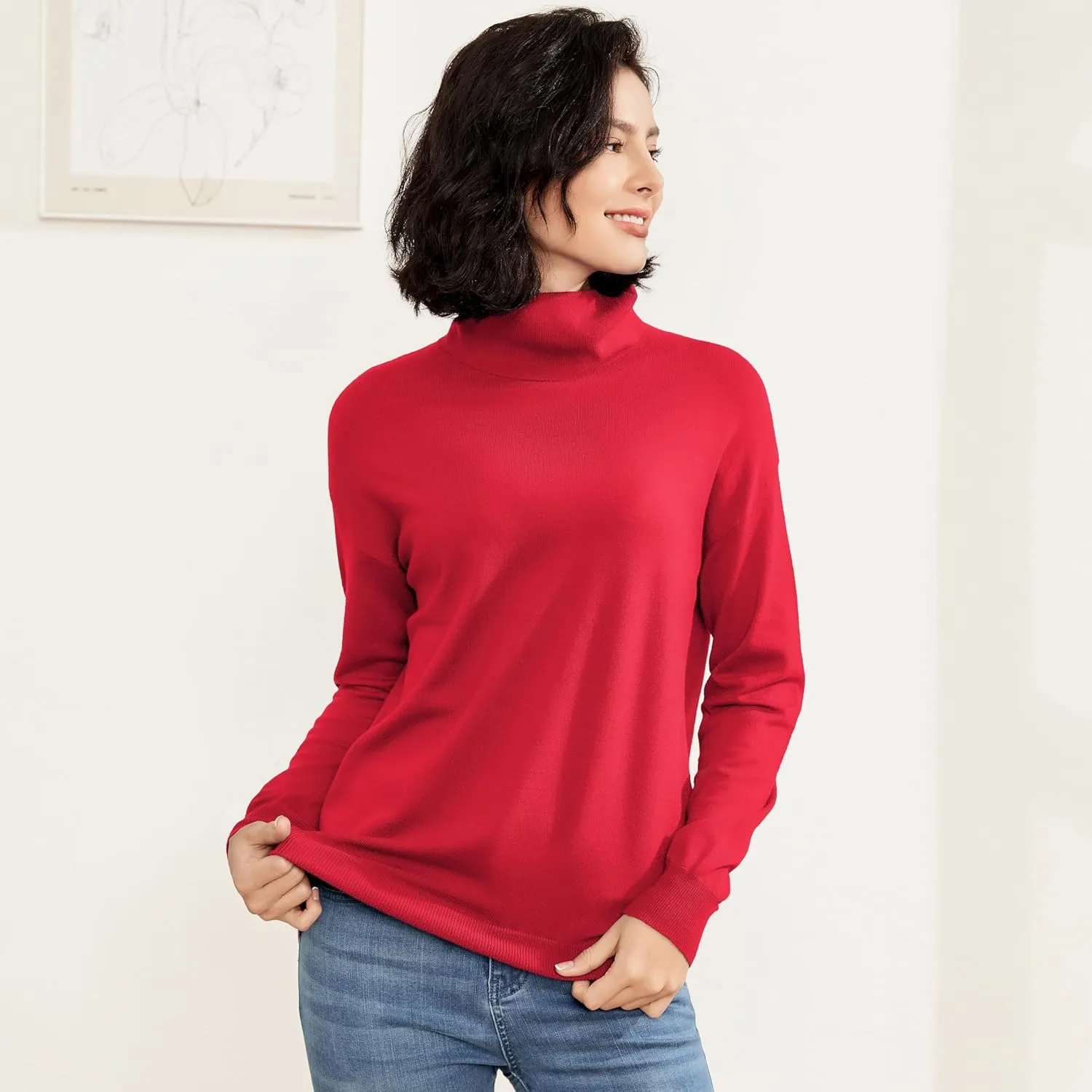 Women's Turtleneck Sweater Long Sleeve Lightweight Pullover Knit Tops