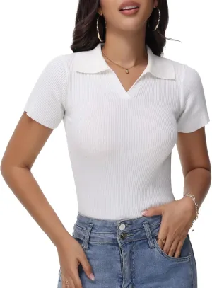 Womens V Neck T Shirts Short Sleeve Slim Fit Polo Tops Solid Color Trendy Summer Basic Tee T-Shirts