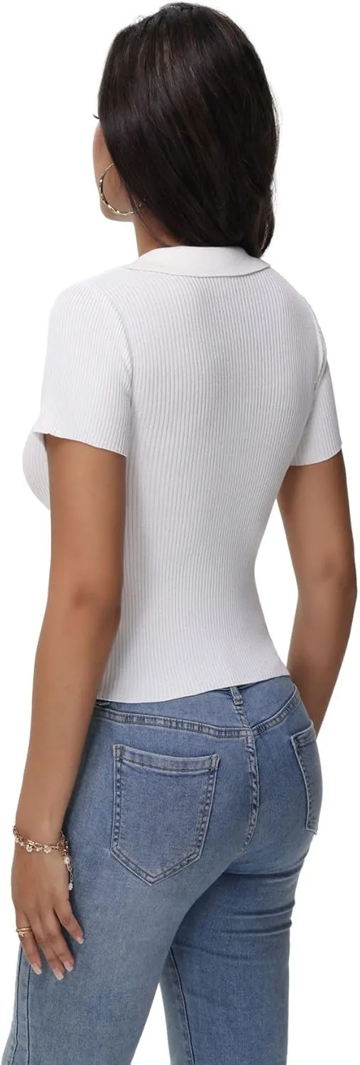 Womens V Neck T Shirts Short Sleeve Slim Fit Polo Tops Solid Color Trendy Summer Basic Tee T-Shirts
