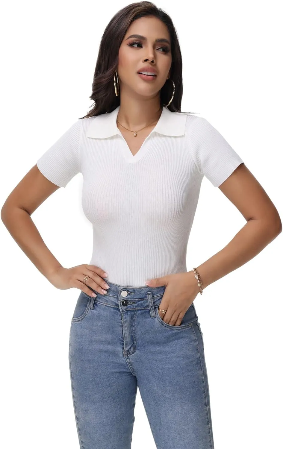 Womens V Neck T Shirts Short Sleeve Slim Fit Polo Tops Solid Color Trendy Summer Basic Tee T-Shirts