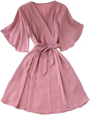 Women's Vestidos para Mujer Flare Sleeve Bow Bandage Solid V Neck Dresses Beach Vacation Dress
