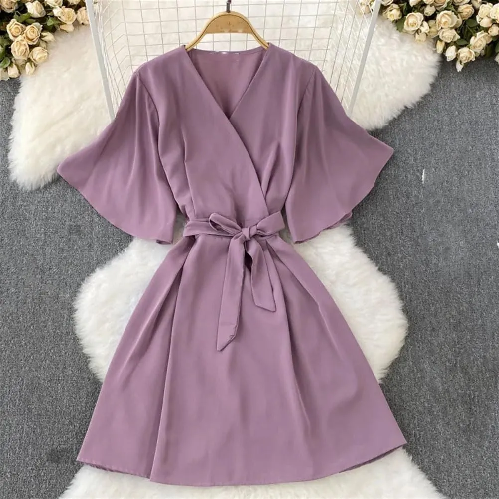 Women's Vestidos para Mujer Flare Sleeve Bow Bandage Solid V Neck Dresses Beach Vacation Dress