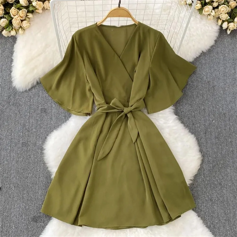 Women's Vestidos para Mujer Flare Sleeve Bow Bandage Solid V Neck Dresses Beach Vacation Dress