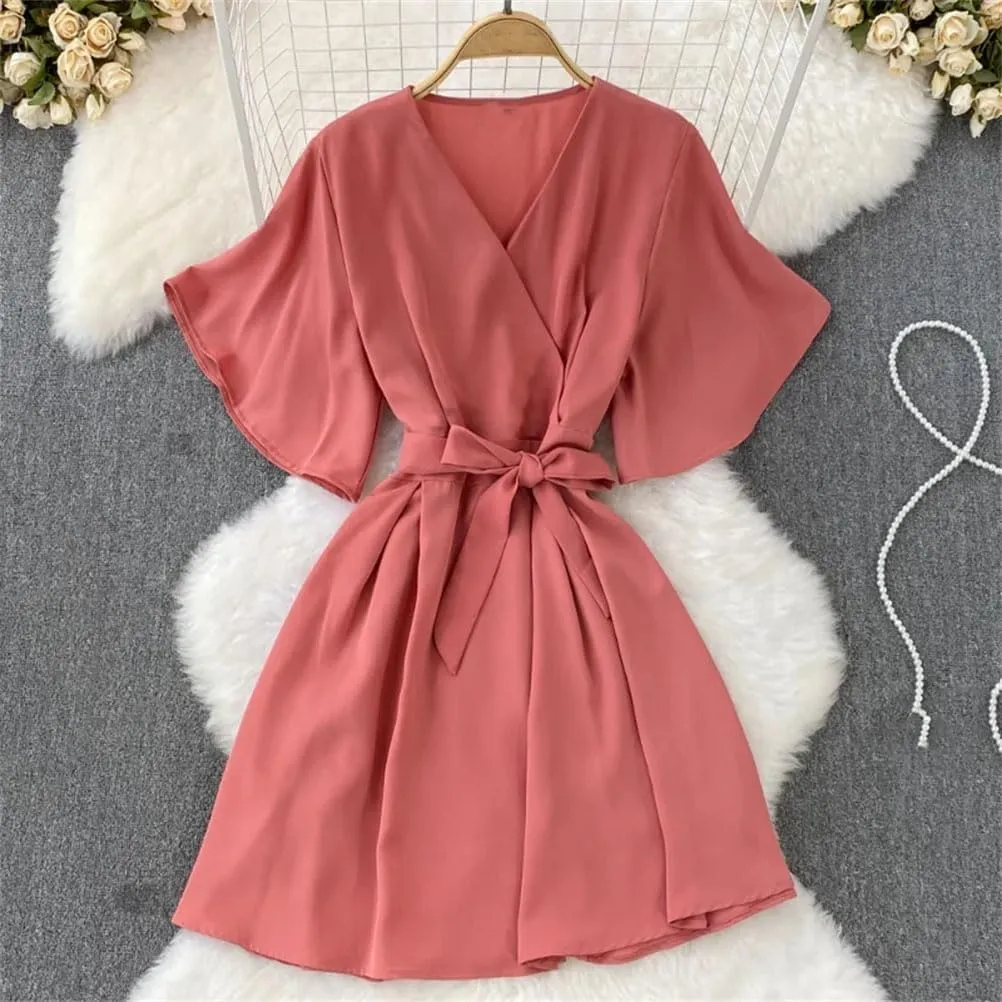 Women's Vestidos para Mujer Flare Sleeve Bow Bandage Solid V Neck Dresses Beach Vacation Dress