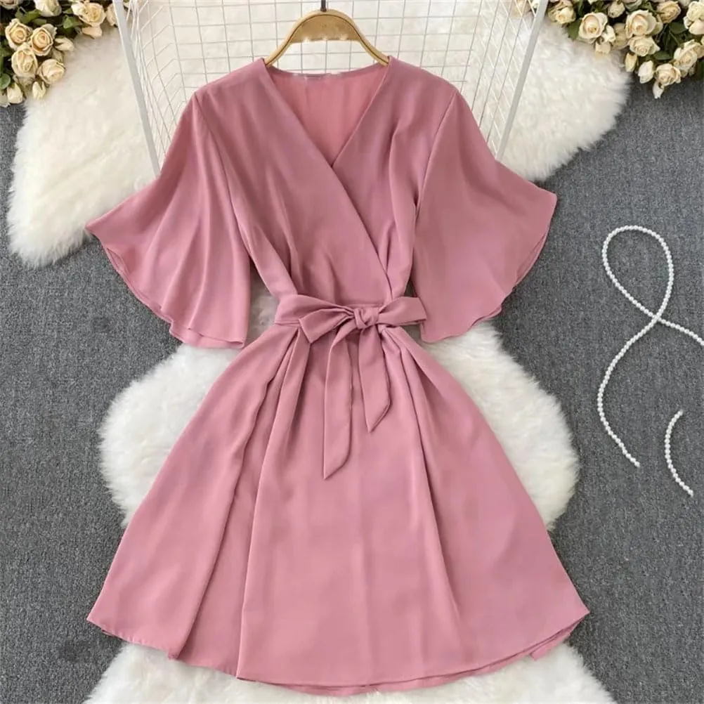 Women's Vestidos para Mujer Flare Sleeve Bow Bandage Solid V Neck Dresses Beach Vacation Dress