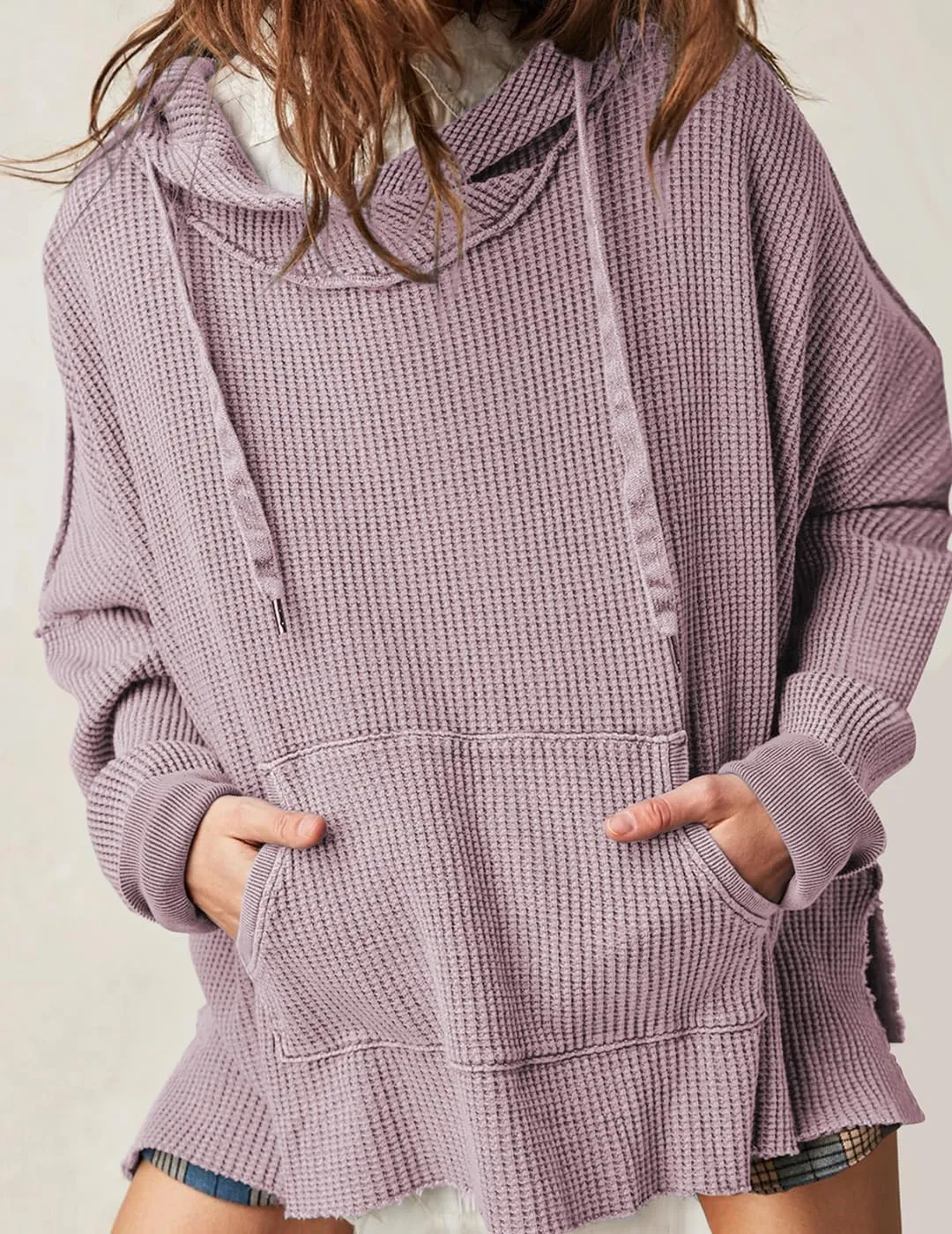 Womens Waffle Knit Hoodies Oversized Sweatshirt Long Sleeve Pullover Sweater