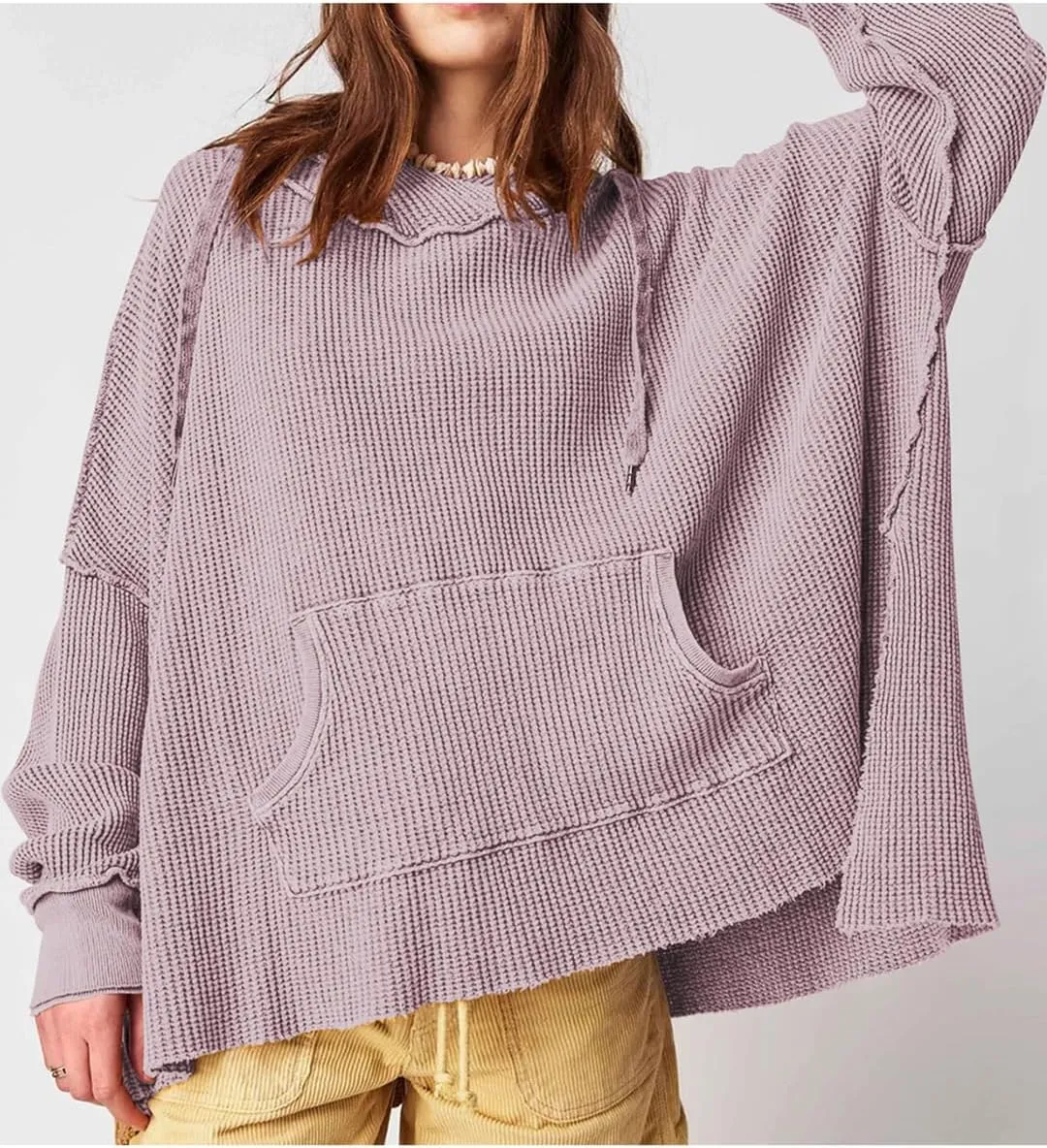 Womens Waffle Knit Hoodies Oversized Sweatshirt Long Sleeve Pullover Sweater