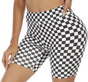 WSPLYSPJY High Waist Biker Yoga Shorts for Women's Black and White Checkered Athletic Running Workout